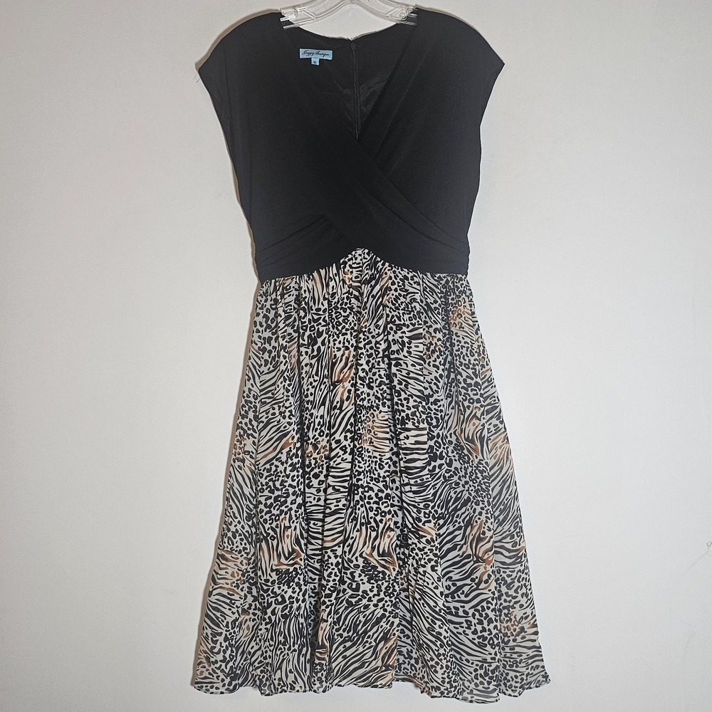 Maggy Boutique Dress Womens 10 Black Animal Print Midi Faux Wrap Party Fit Flare